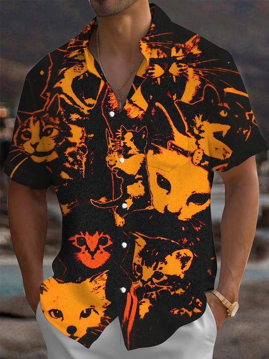 Adaychic Men's Hawaiian Cat Faces Print Short Sleeve Shirt with Chest Pocket