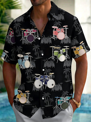 Adaychic Men's Hawaiian Drum Set Pattern Short Sleeve Shirt with Chest Pocket