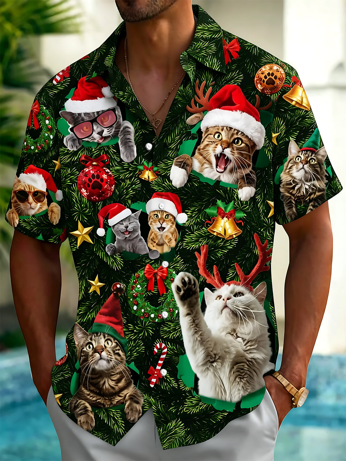 Adaychic Men's Hawaiian Christmas Cats Print Short Sleeve Shirt with Chest Pocket