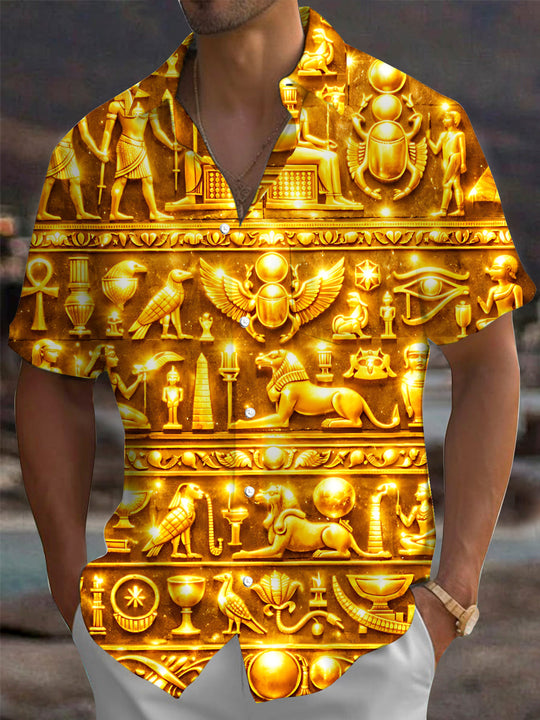 Adaychic Men's Printed Ancient Egyptian Hieroglyphs Print Short Sleeve Shirt with Chest Pocket