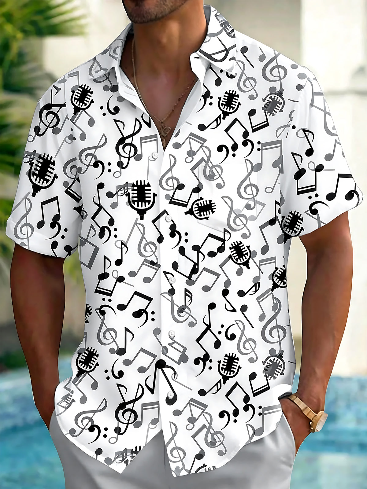 Adaychic Men's Graphic Musical Notes Print Short Sleeve Shirt with Chest Pocket