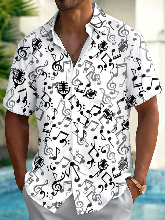 Adaychic Men's Graphic Musical Notes Print Short Sleeve Shirt with Chest Pocket