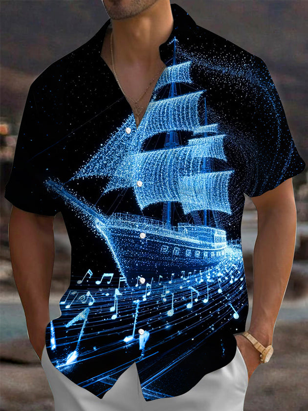 Adaychic Men's Graphic Sailing Ship Print Short Sleeve Shirt with Chest Pocket