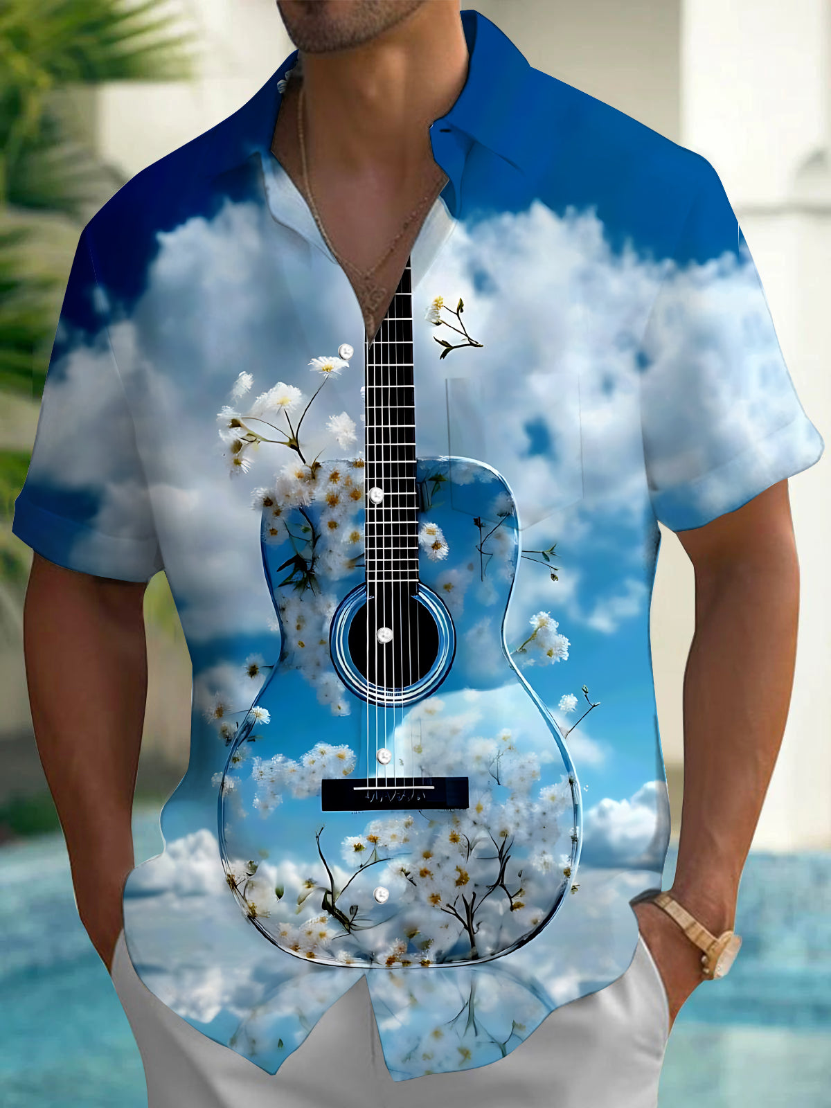 Adaychic Men's Hawaiian Guitar Print Blue Sky Clouds Print Short Sleeve Shirt with Chest Pocket