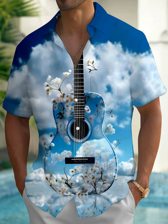 Adaychic Men's Hawaiian Guitar Print Blue Sky Clouds Print Short Sleeve Shirt with Chest Pocket