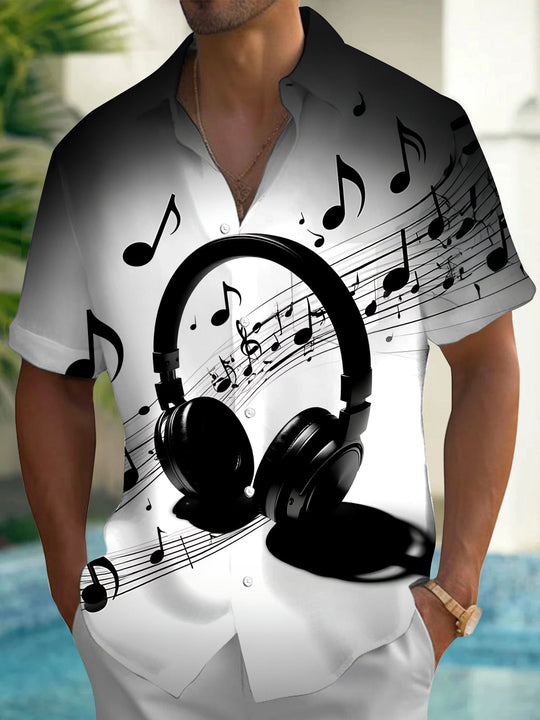 Adaychic Men's Printed Headphones Print Musical Notes Print Short Sleeve Shirt with Chest Pocket