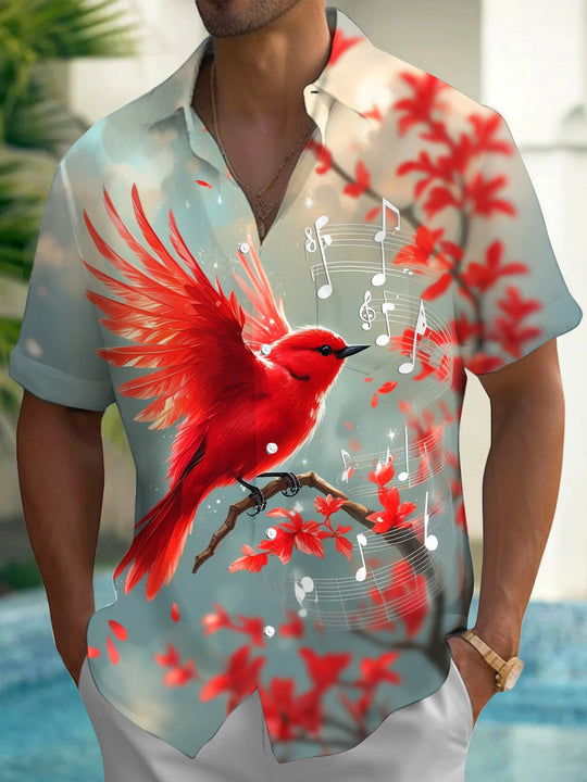 Adaychic Men's Graphic Red Bird Print Musical Notes Print Short Sleeve Shirt with Chest Pocket