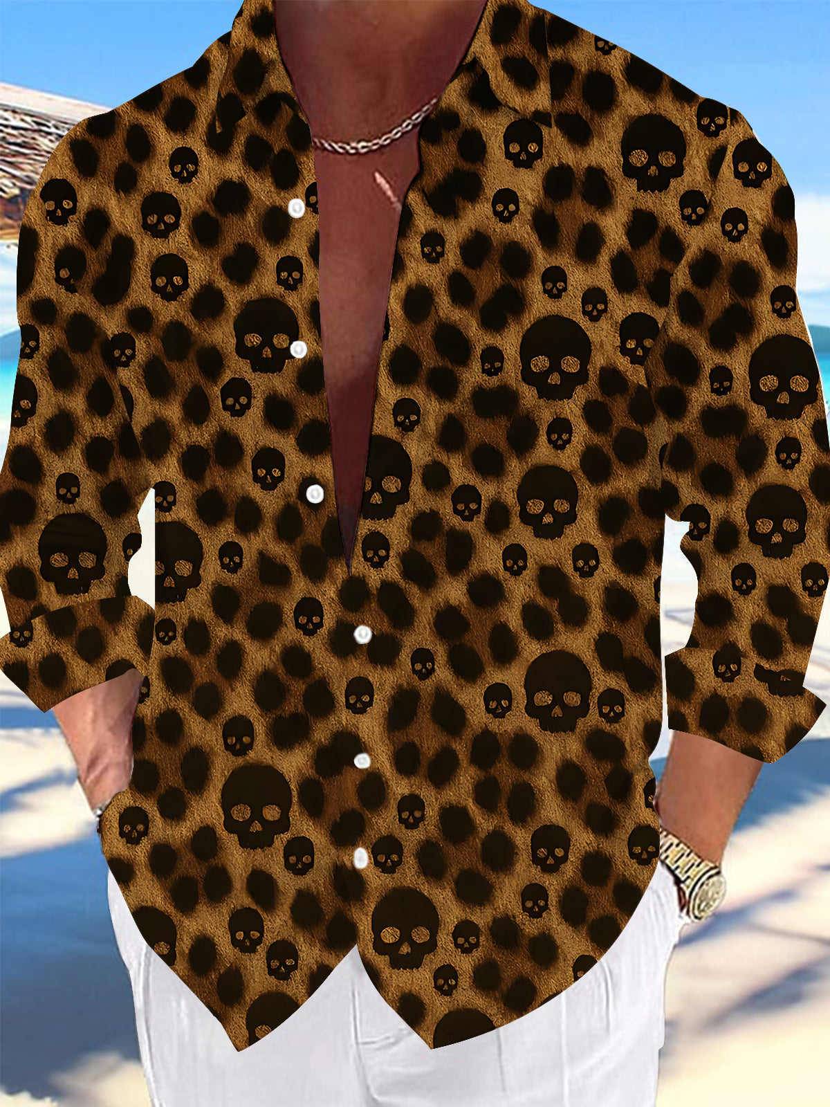 Adaychic Men's Printed Leopard Print Skull Motif Print Long Sleeve Shirt with Chest Pocket