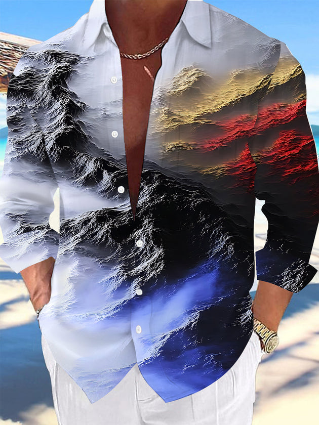 Adaychic Men's Printed Abstract Mountain Landscape Print Long Sleeve Shirt with Chest Pocket