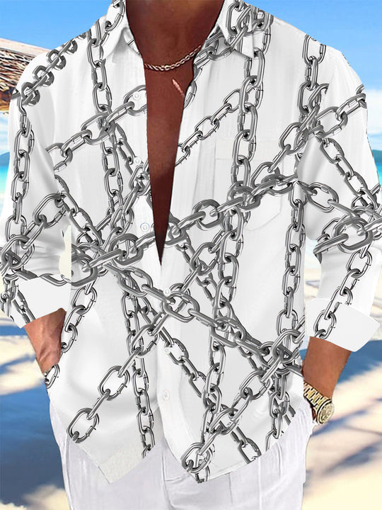 Adaychic Men's Printed Iron Chain Pattern Long Sleeve Shirt with Chest Pocket