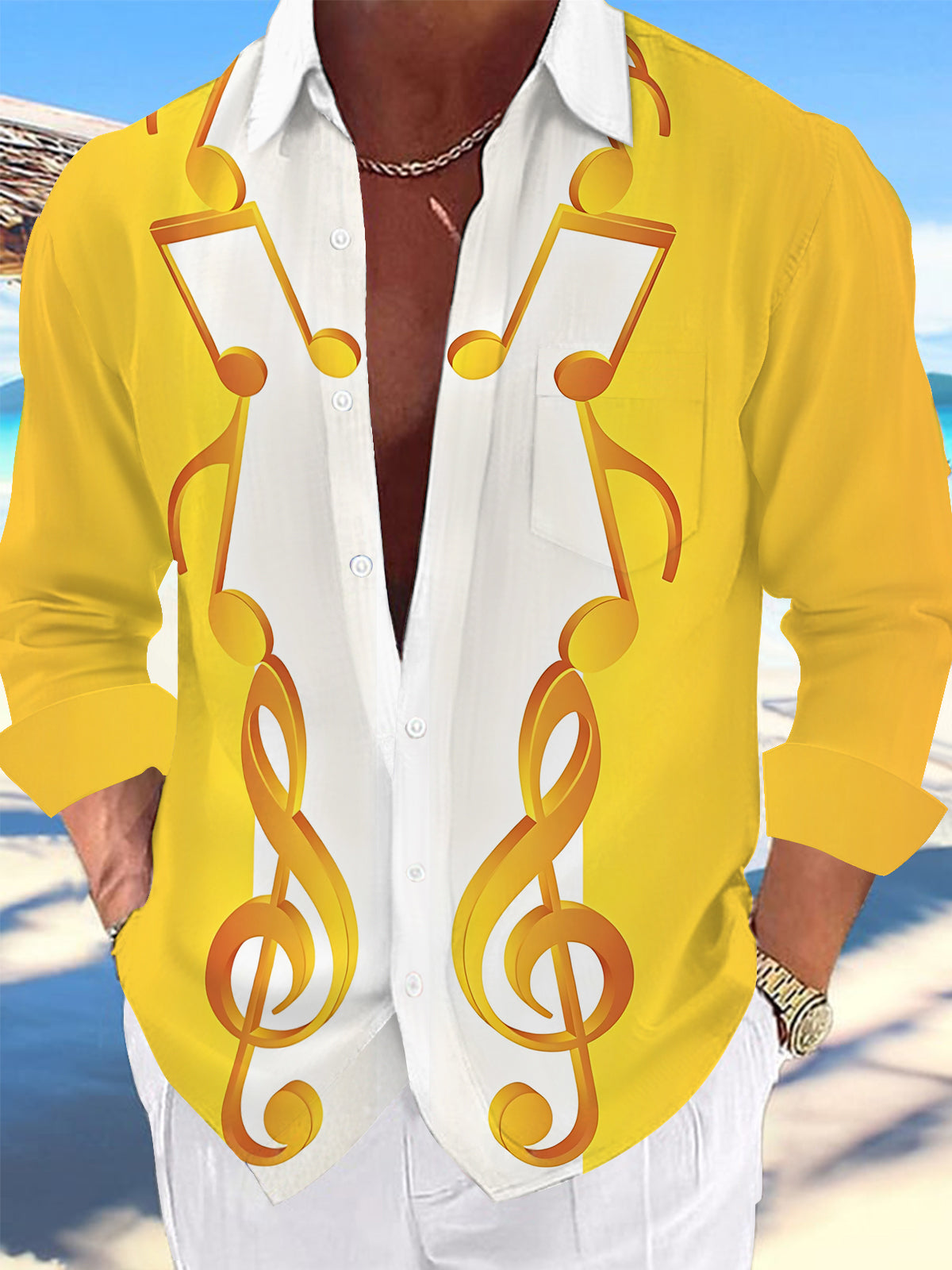 Adaychic Men's Graphic Musical Notes Print Treble Clef Print Long Sleeve Shirt with Chest Pocket