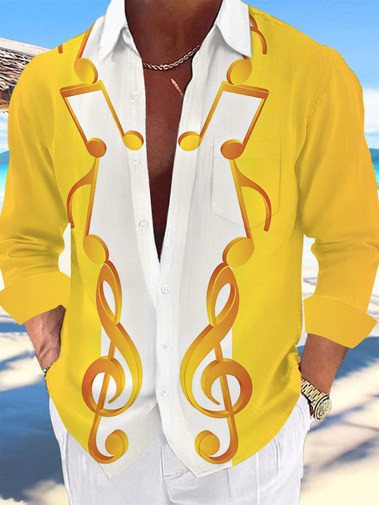 Adaychic Men's Graphic Musical Notes Print Treble Clef Print Long Sleeve Shirt with Chest Pocket