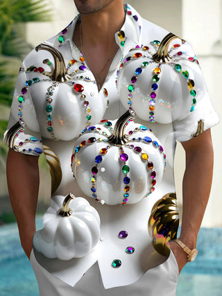 Adaychic Men's Printed White Pumpkin With Gemstones Print Short Sleeve Shirt with Chest Pocket