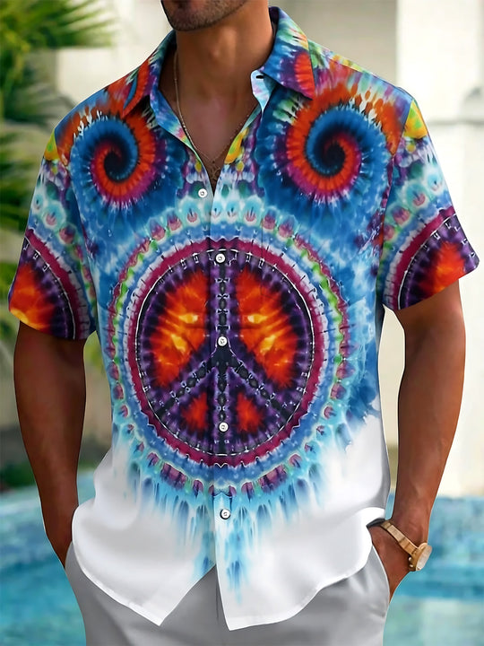 Adaychic Men's Graphic Peace Sign Print Tie Dye Spiral Print Short Sleeve Shirt with Chest Pocket