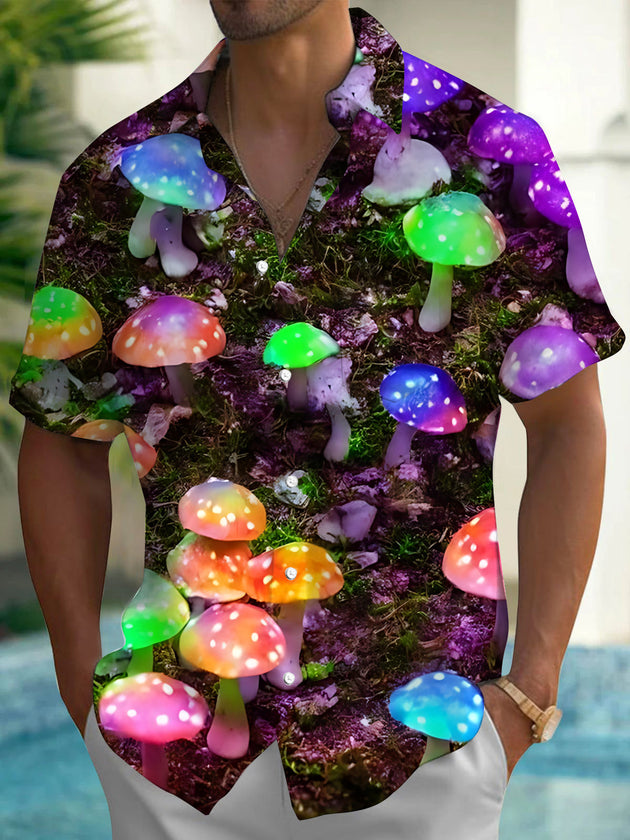 Adaychic Men's Printed Colorful Mushroom Print Short Sleeve Shirt with Chest Pocket