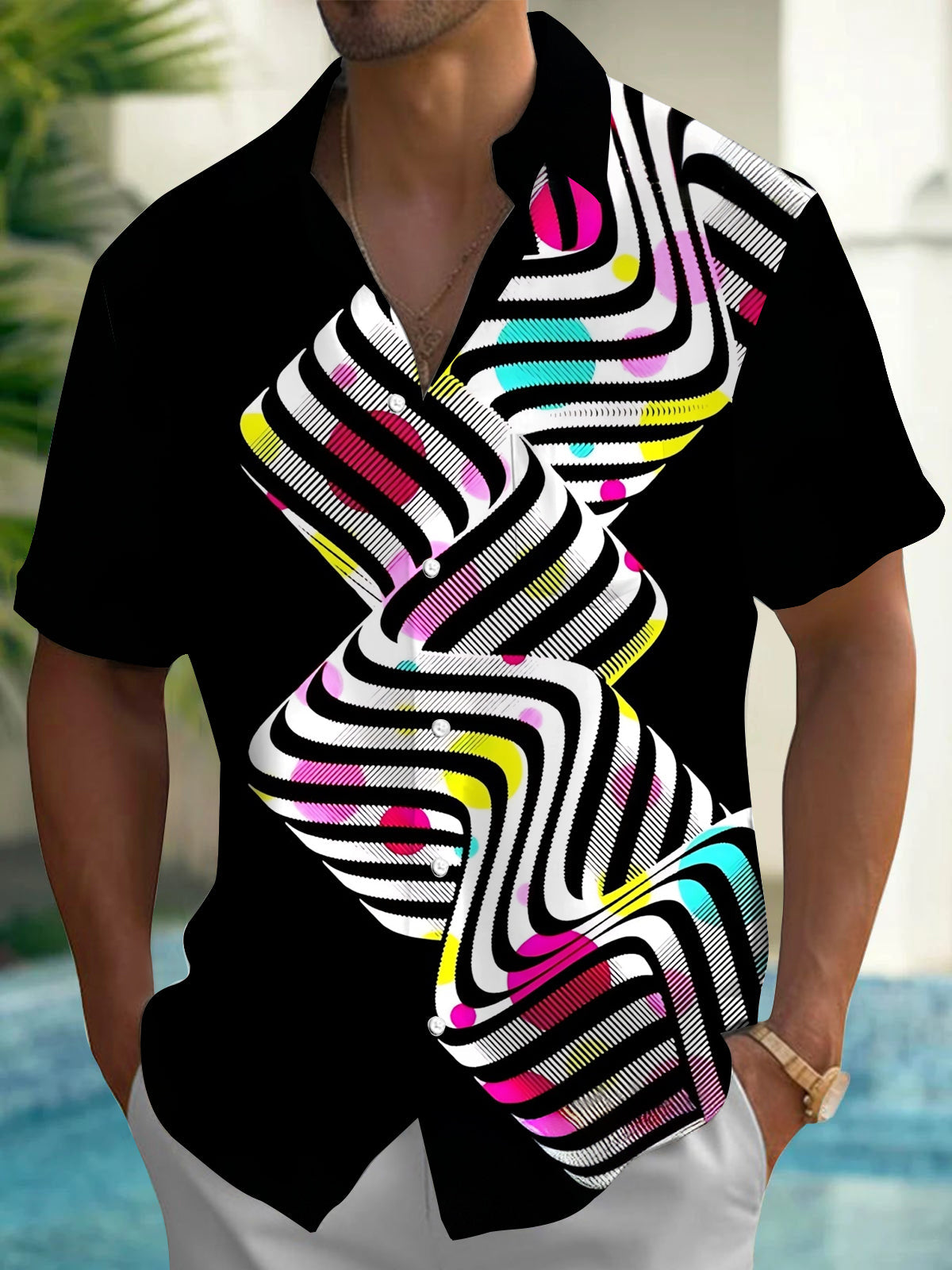 Adaychic Men's Printed Abstract Wavy Lines Print Short Sleeve Shirt with Chest Pocket