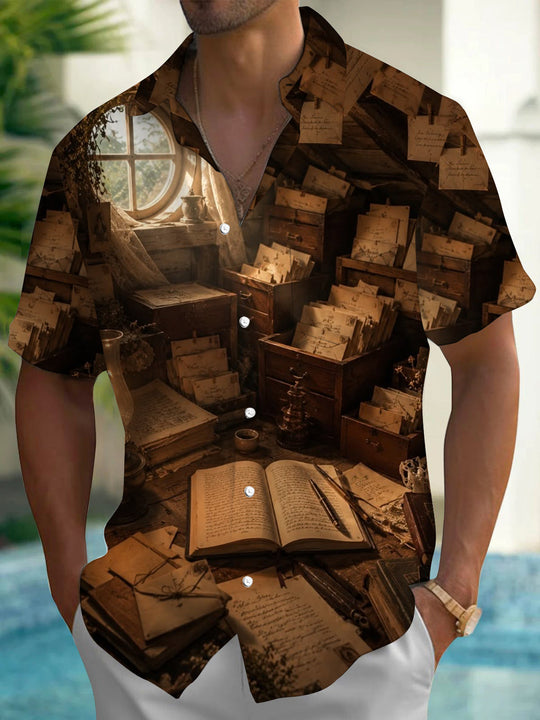 Adaychic Men's Vintage Style Vintage Study Room Print Short Sleeve Shirt with Chest Pocket