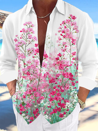 Adaychic Men's Floral Pink Flower Print Floral Pattern Long Sleeve Shirt with Chest Pocket