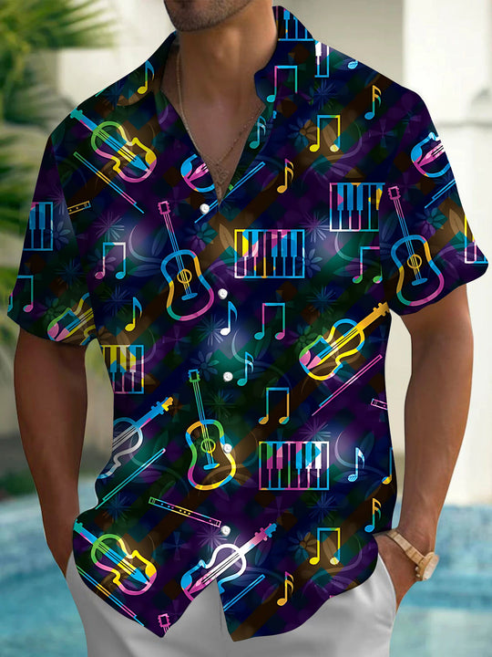 Adaychic Men's Hawaiian Musical Instruments Print Short Sleeve Shirt with Chest Pocket