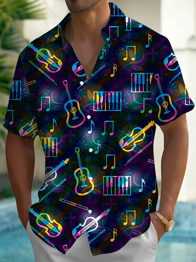 Adaychic Men's Hawaiian Musical Instruments Print Short Sleeve Shirt with Chest Pocket