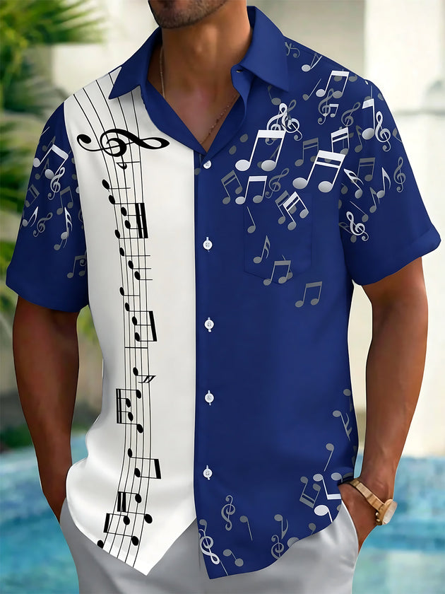 Adaychic Men's Graphic Musical Notes Print Music Staff Print Short Sleeve Shirt with Chest Pocket