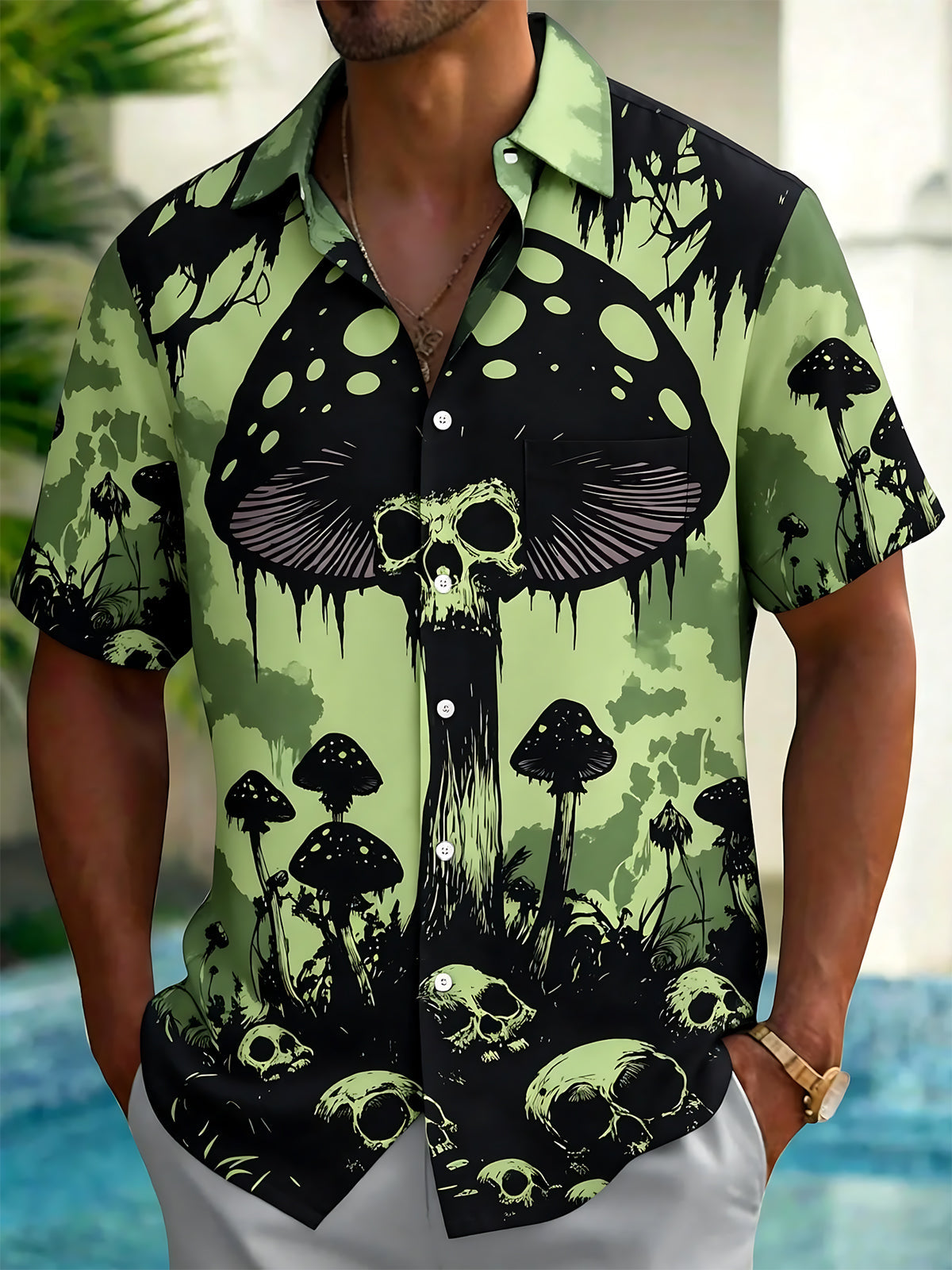 Adaychic Men's Graphic Mushroom Skull Print Short Sleeve Shirt with Chest Pocket