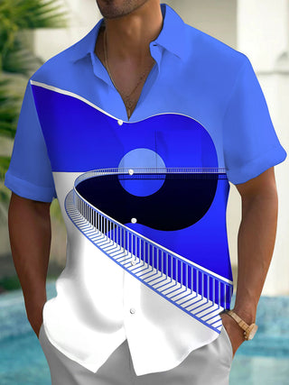 Adaychic Men's Printed Abstract Geometric Bridge Print Short Sleeve Shirt with Chest Pocket