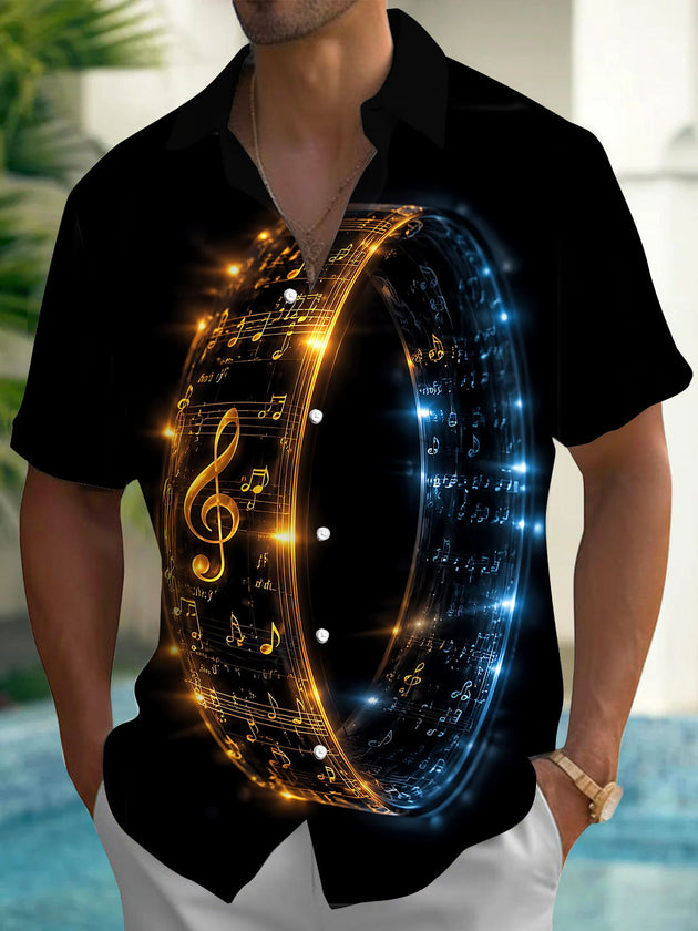 Adaychic Musical Notes Short Sleeve Shirt with Chest Pocket