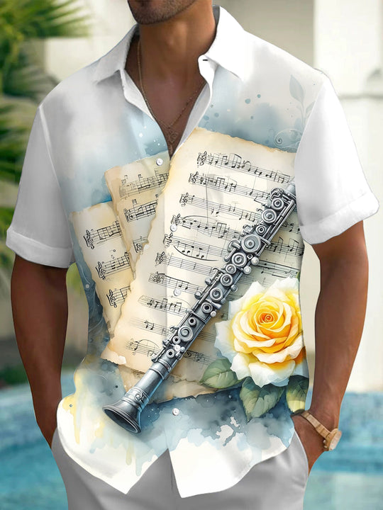 Adaychic Men's Vintage Style Sheet Music Print Short Sleeve Shirt with Chest Pocket