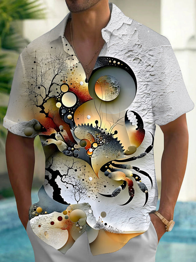 Adaychic Men's Printed Abstract Crab Design Print Short Sleeve Shirt with Chest Pocket