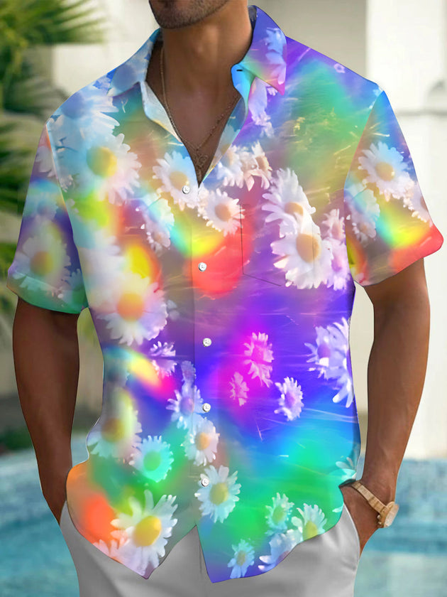 Adaychic Colorful Gradient Daisy Flowers Short Sleeve Shirt with Chest Pocket
