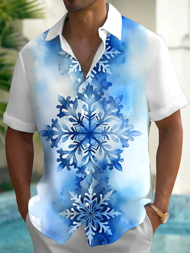 Adaychic Men's Printed Watercolor Snowflake Print Short Sleeve Shirt with Chest Pocket
