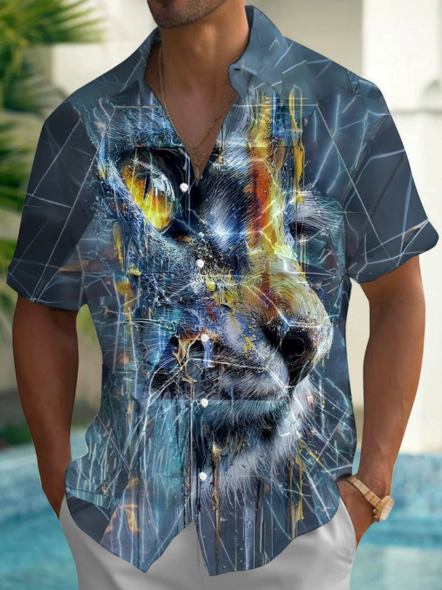 Adaychic Men's Printed Abstract Wolf Face Print Short Sleeve Shirt with Chest Pocket