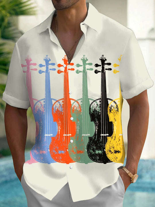 Adaychic Men's Printed Colorful Violin Print Short Sleeve Shirt with Chest Pocket