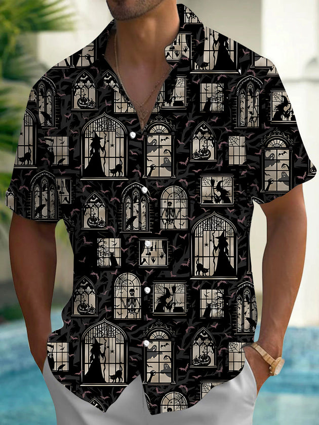 Adaychic Men's Printed Halloween Gothic Windows Print Short Sleeve Shirt with Chest Pocket