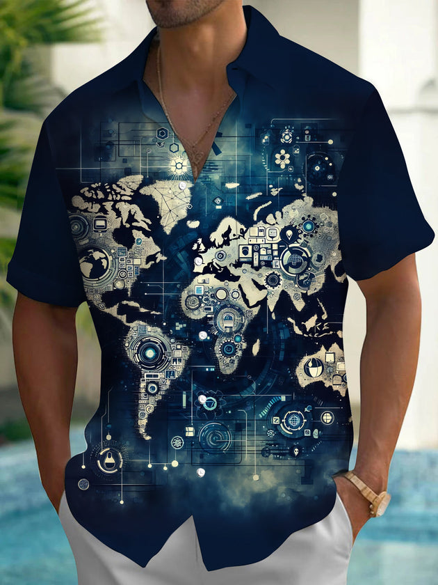 Adaychic Men's Graphic Digital World Map Print Short Sleeve Shirt with Chest Pocket