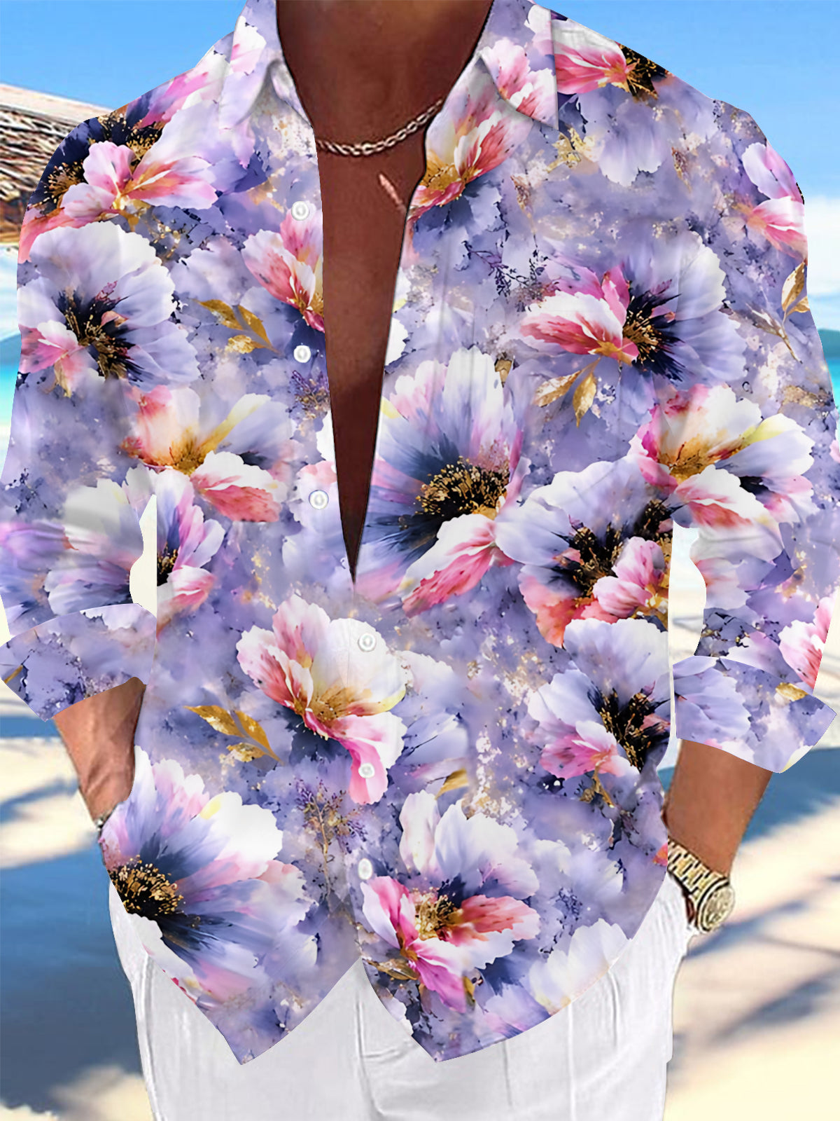 Adaychic Men's Hawaiian Purple Floral Print Long Sleeve Shirt with Chest Pocket