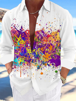 Adaychic Men's Printed Colorful Splashing Ink Print Long Sleeve Shirt with Chest Pocket