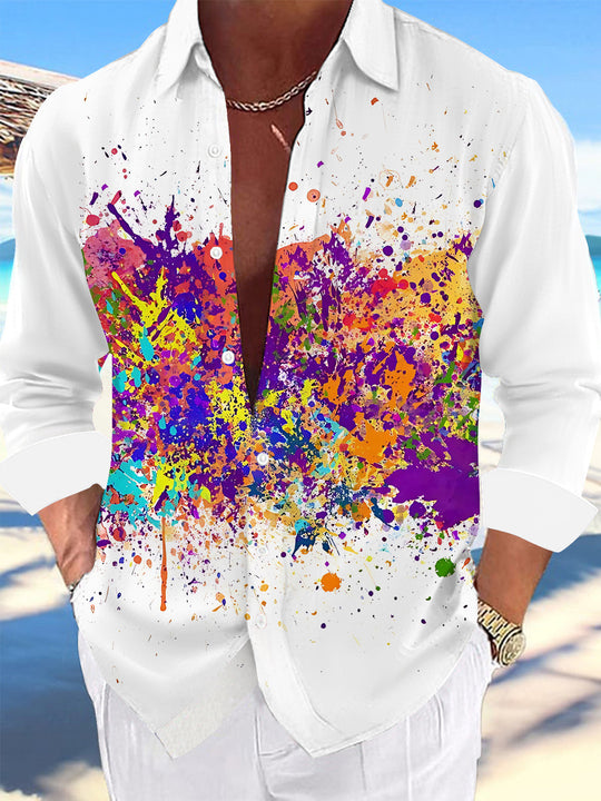 Adaychic Men's Printed Colorful Splashing Ink Print Long Sleeve Shirt with Chest Pocket
