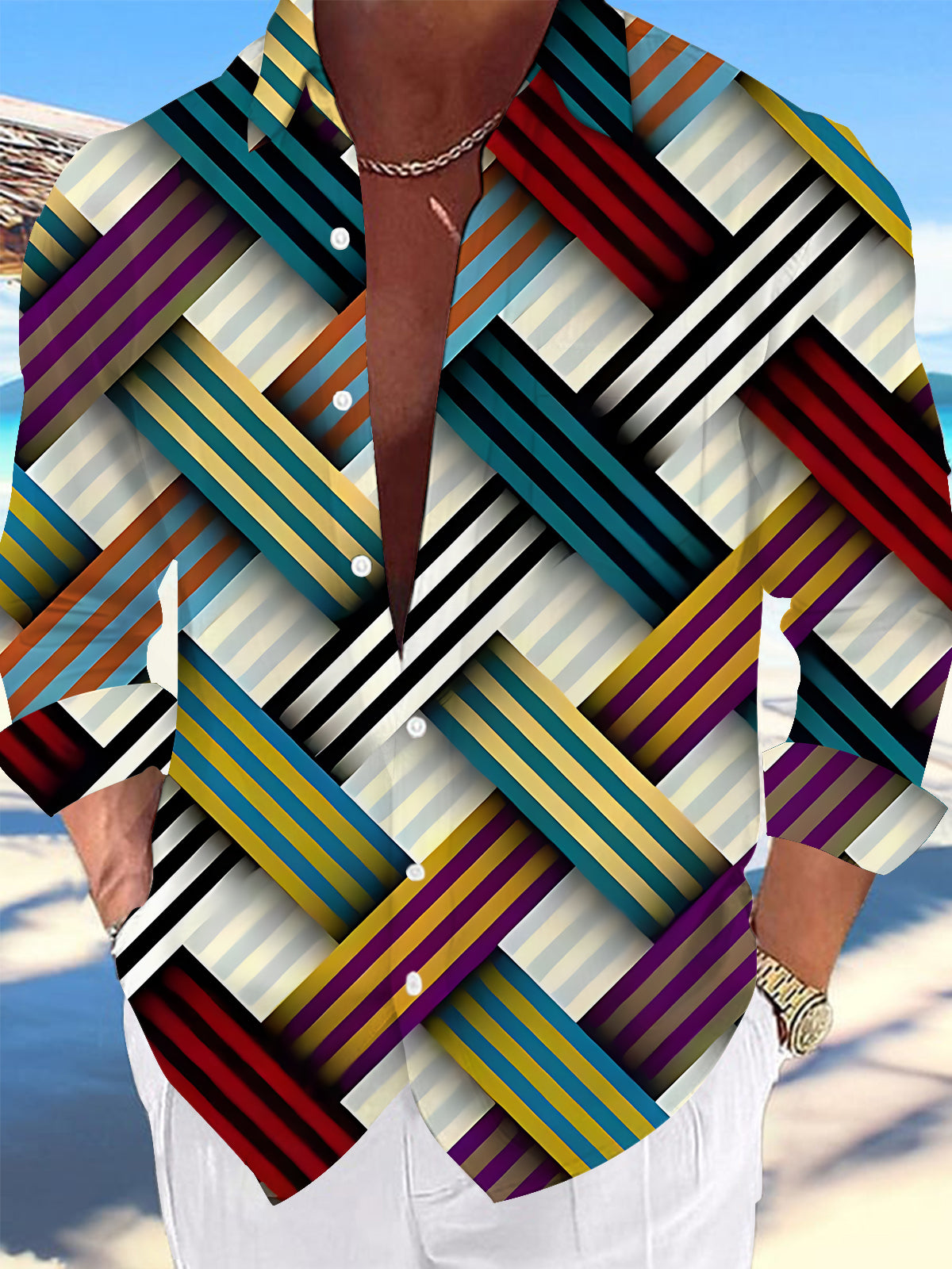 Adaychic Men's Printed Colorful Geometric Stripes Print Long Sleeve Shirt with Chest Pocket