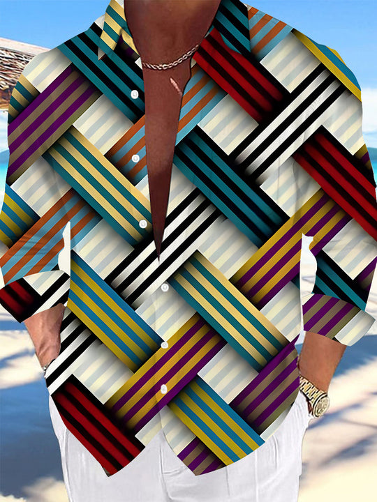 Adaychic Men's Printed Colorful Geometric Stripes Print Long Sleeve Shirt with Chest Pocket