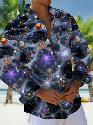 Adaychic Men's Graphic Cosmic Space Nebula Print Long Sleeve Shirt with Chest Pocket