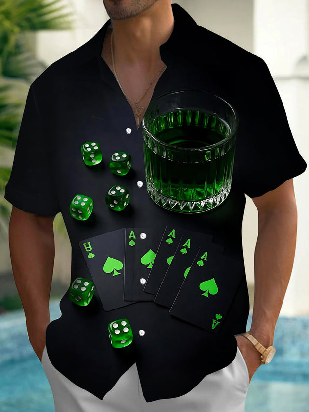 Adaychic Men's Printed Poker Cards Print Green Dice Print Short Sleeve Shirt with Chest Pocket