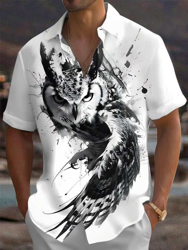 Adaychic Men's Printed Owl Graphic Ink Splatter Print Short Sleeve Shirt with Chest Pocket