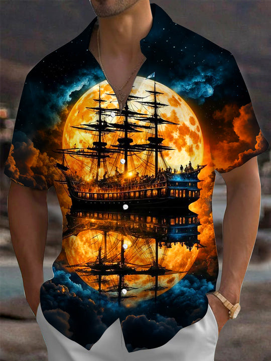 Adaychic Men's Vintage Style Sailing Ship Silhouette Print Short Sleeve Shirt with Chest Pocket