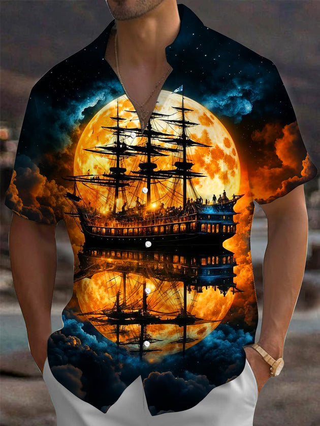 Adaychic Men's Vintage Style Sailing Ship Silhouette Print Short Sleeve Shirt with Chest Pocket