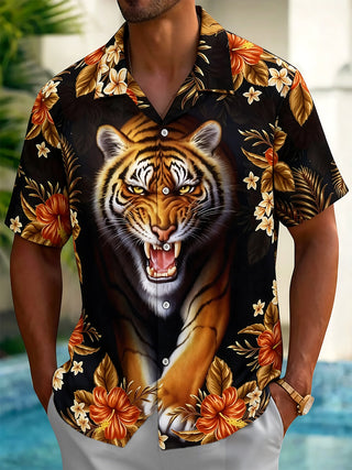 Adaychic Men's Hawaiian Tiger Face Print Short Sleeve Shirt with Chest Pocket