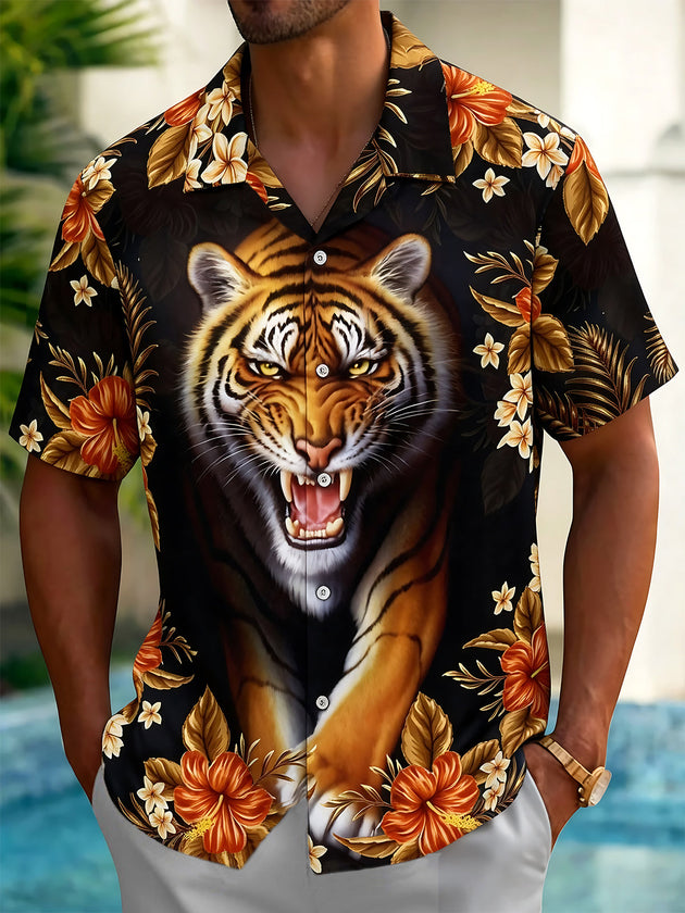 Adaychic Men's Hawaiian Tiger Face Print Short Sleeve Shirt with Chest Pocket