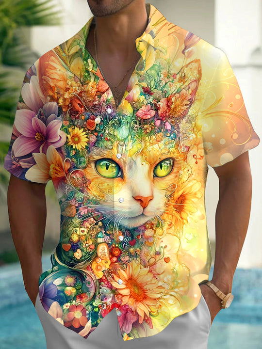 Adaychic Men's Hawaiian Cat Face Print Floral Pattern Short Sleeve Shirt with Chest Pocket