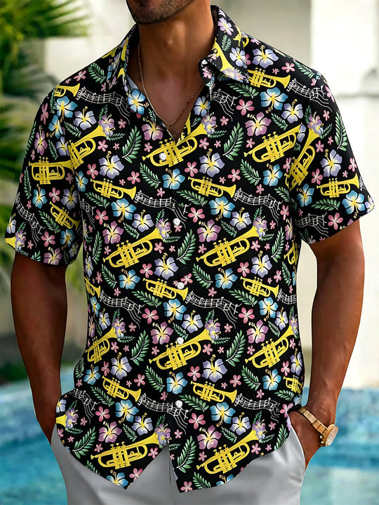 Adaychic Men's Hawaiian Trumpet Musical Notes Print Short Sleeve Shirt with Chest Pocket